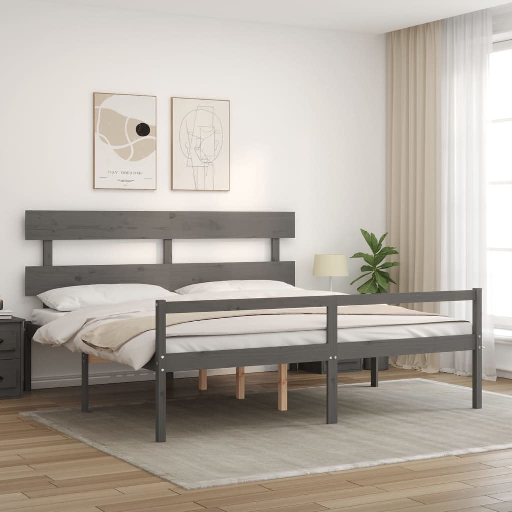 Lit pour personne âgée sans matelas gris 200x200 cm bois massif