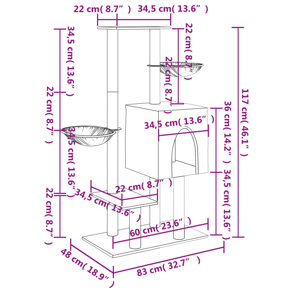 Cat tree with sisal scratching posts, light grey, 117 cm