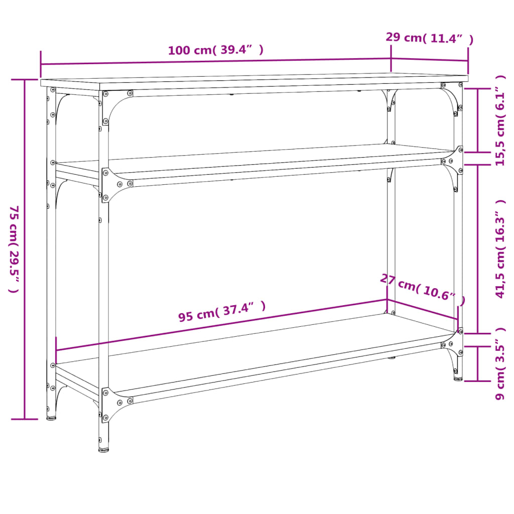 Sonoma grauer Konsolentisch 100x29x75 cm, Holzwerkstoff