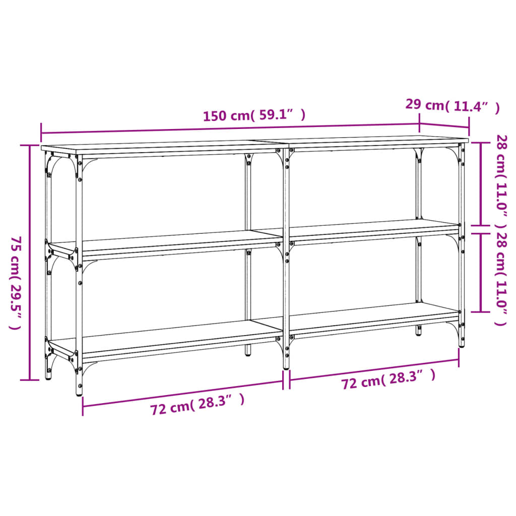 Sonoma grauer Konsolentisch 150x29x75 cm, Holzwerkstoff