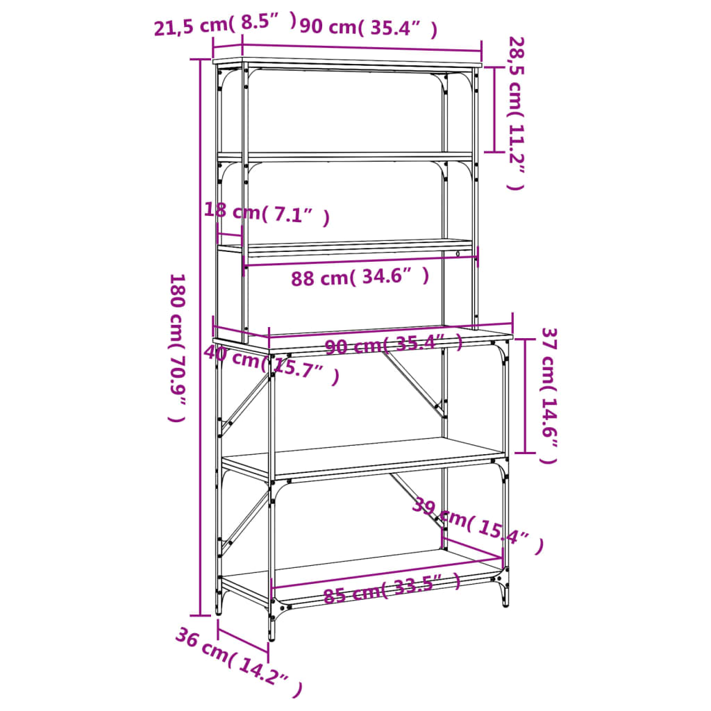 Support de boulanger à 6 niveaux chêne fumé 90x40x180 cm