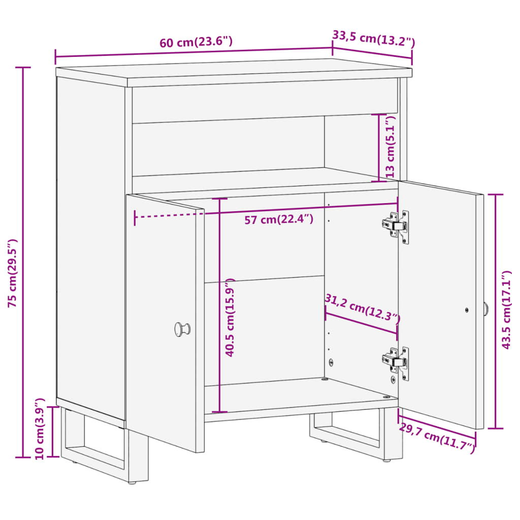 Brauner und schwarzer Beistellschrank 60x33,5x75 cm aus Mangoholz