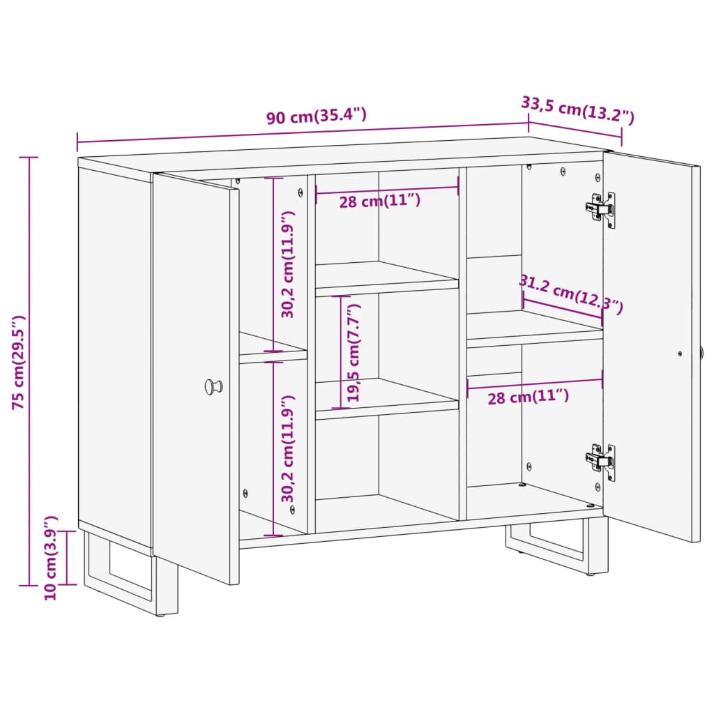 Brauner und schwarzer Beistellschrank 90x33,5x75 cm aus Mangoholz