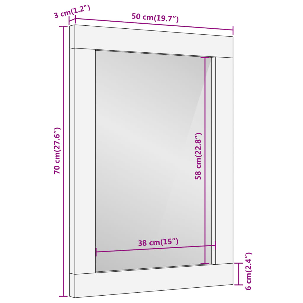 Brauner Badezimmerspiegel 50x70x3cm aus Mangoholz und Glas