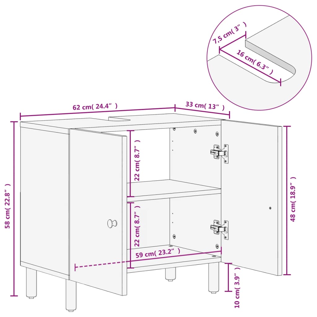 Armoire lavabo de salle de bain noir bois massif de manguier