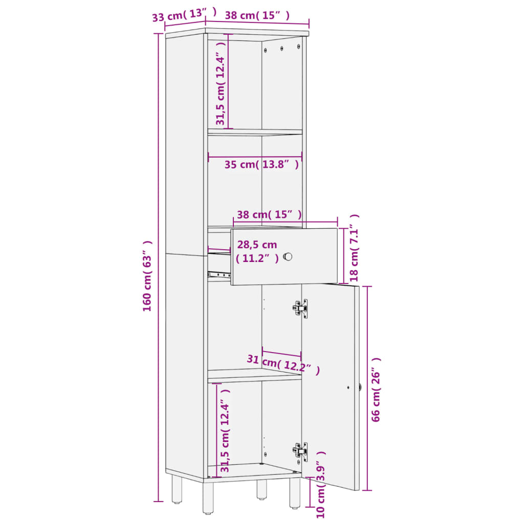 Armoire de salle de bain noir 38x33x160 cm bois massif manguier