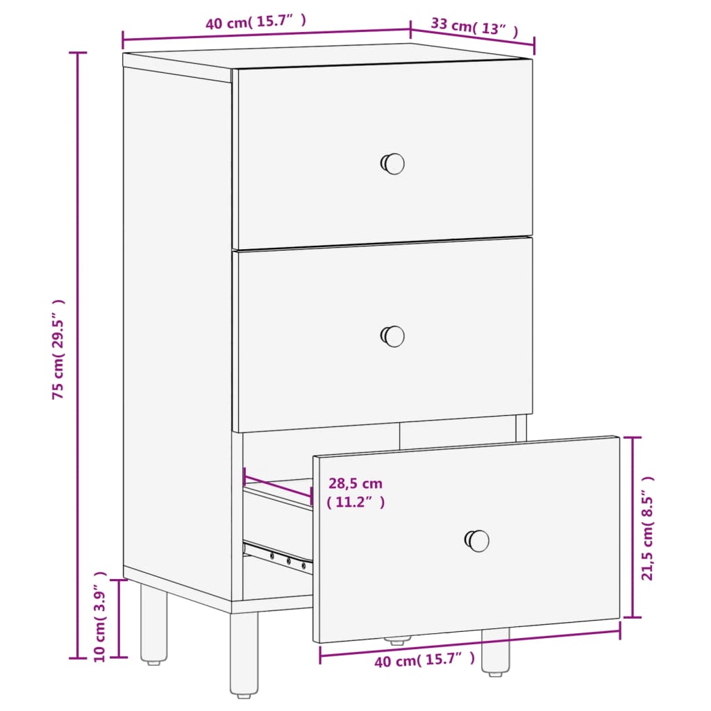 Schwarzer Beistellschrank 40x33x75 cm aus massivem Mangoholz