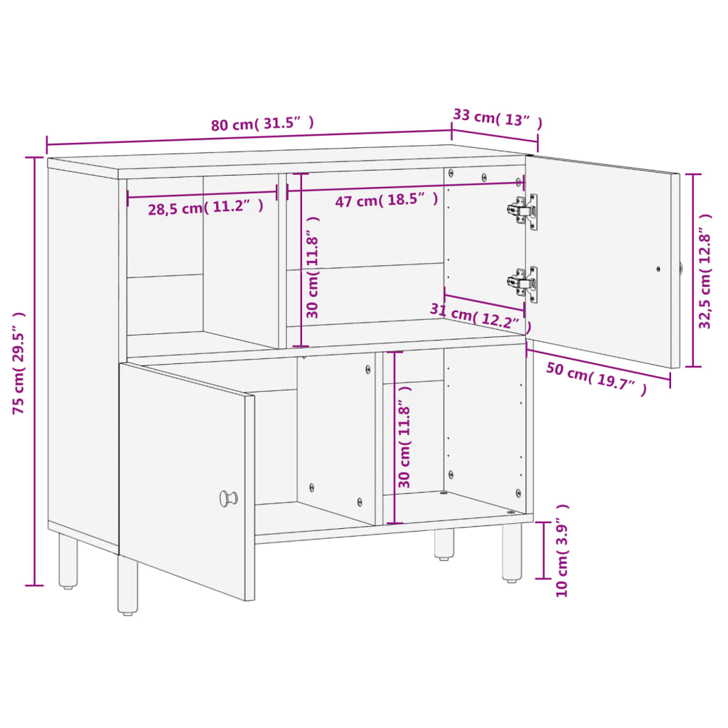 Schwarzer Beistellschrank 80x33x75 cm aus massivem Mangoholz