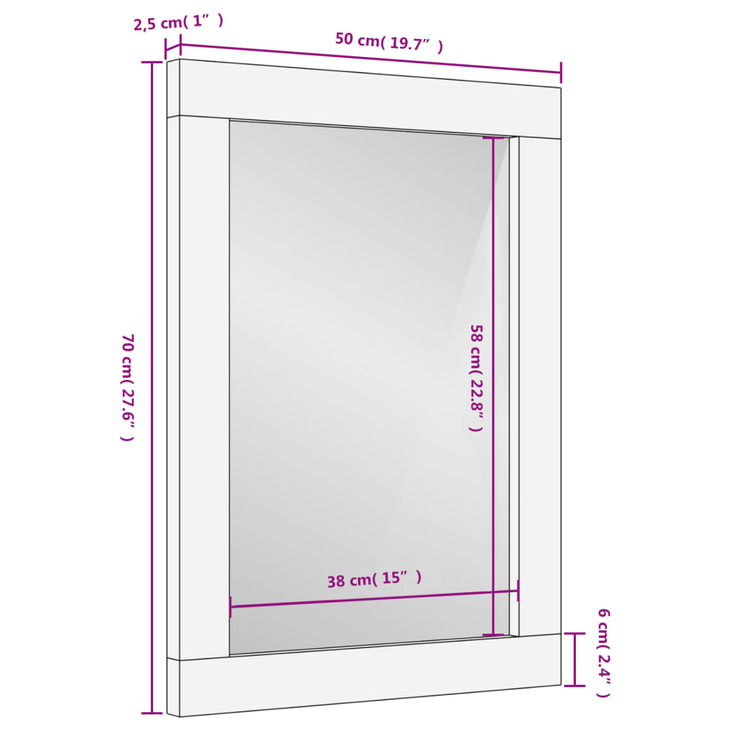 Schwarzer Badspiegel 50x70x2,5 cm aus massivem Mangoholz und Glas