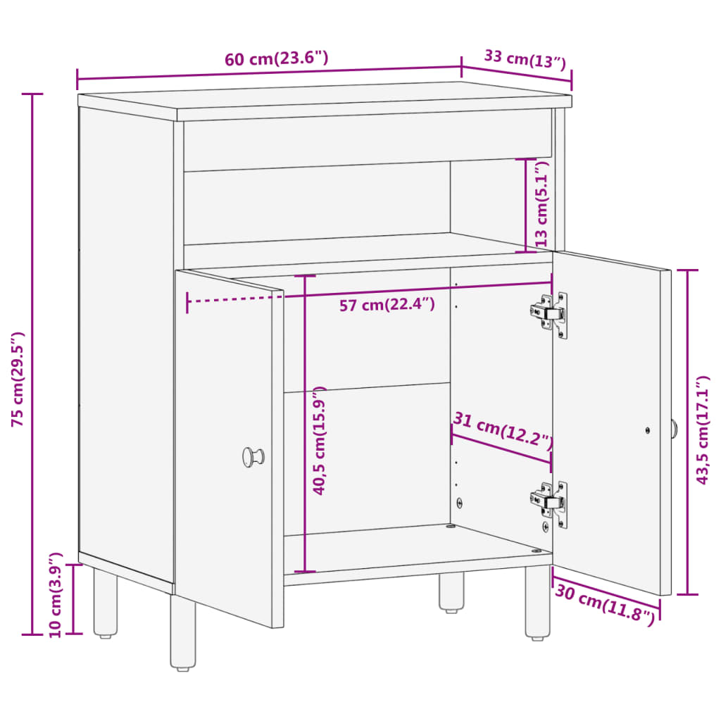 Armoire latérale 60x33x75 cm bois massif de manguier