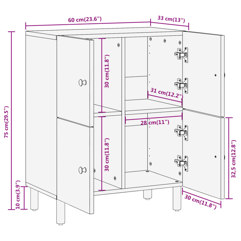 Beistellschrank 60x33x75 cm aus massivem Mangoholz