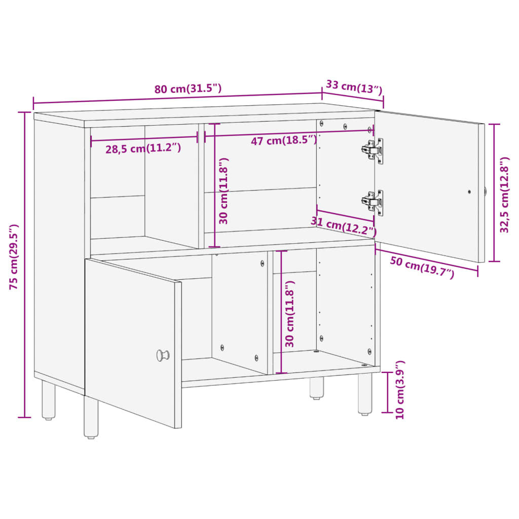 Beistellschrank 80x33x75 cm aus massivem Mangoholz