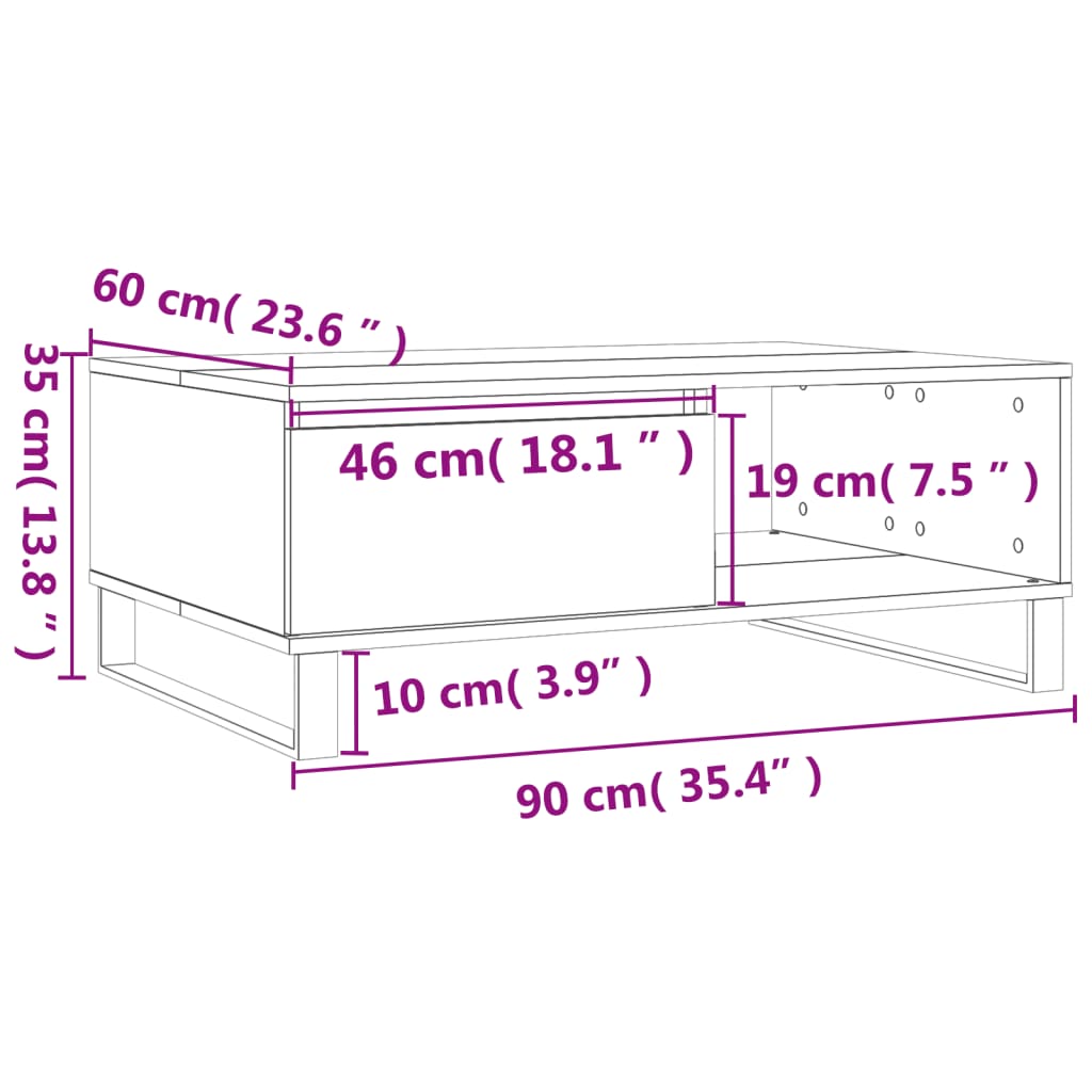 Couchtisch aus brauner Eiche, 90 x 60 x 35 cm, Holzwerkstoff