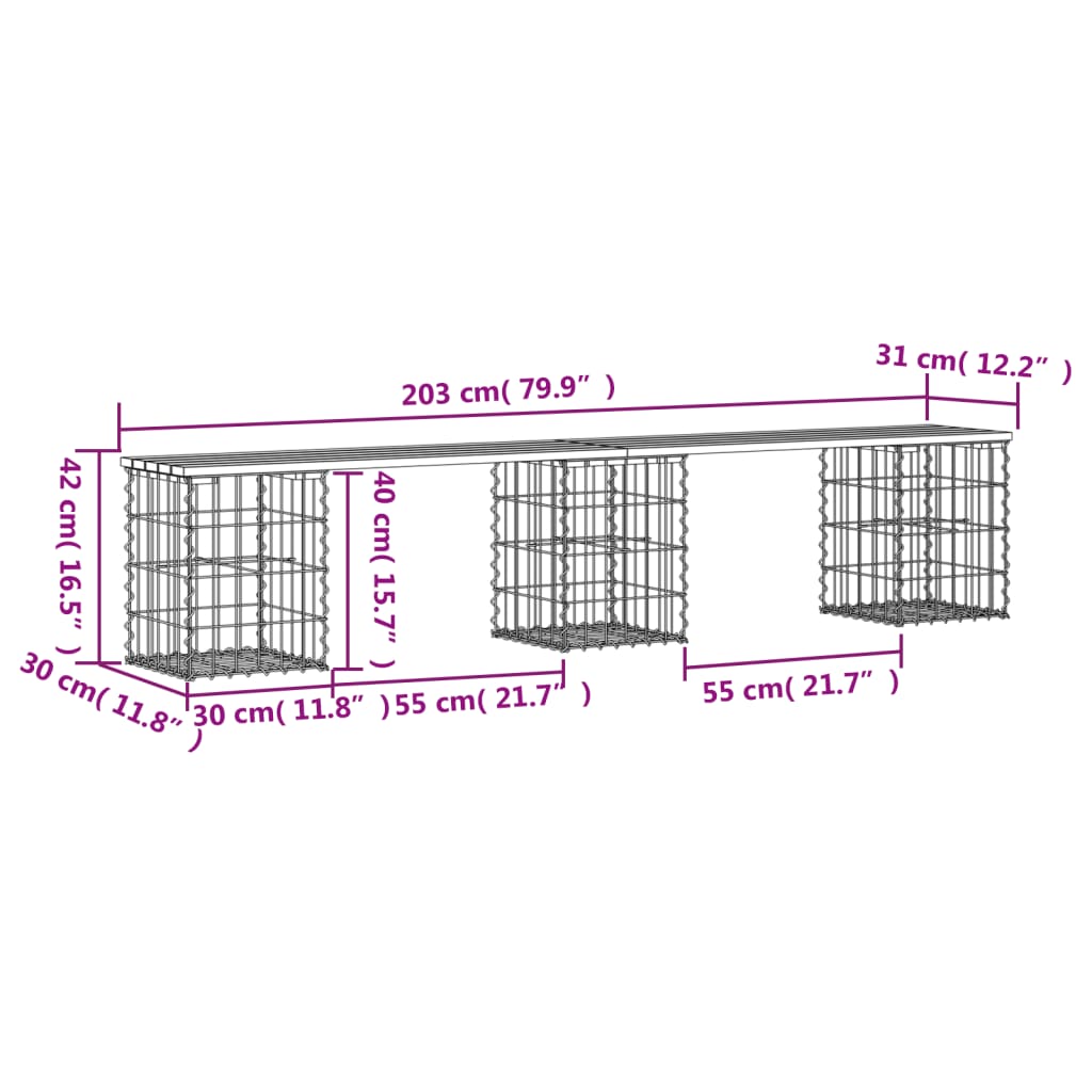 Banc de jardin design de gabion 203x31x42 cm bois massif de pin