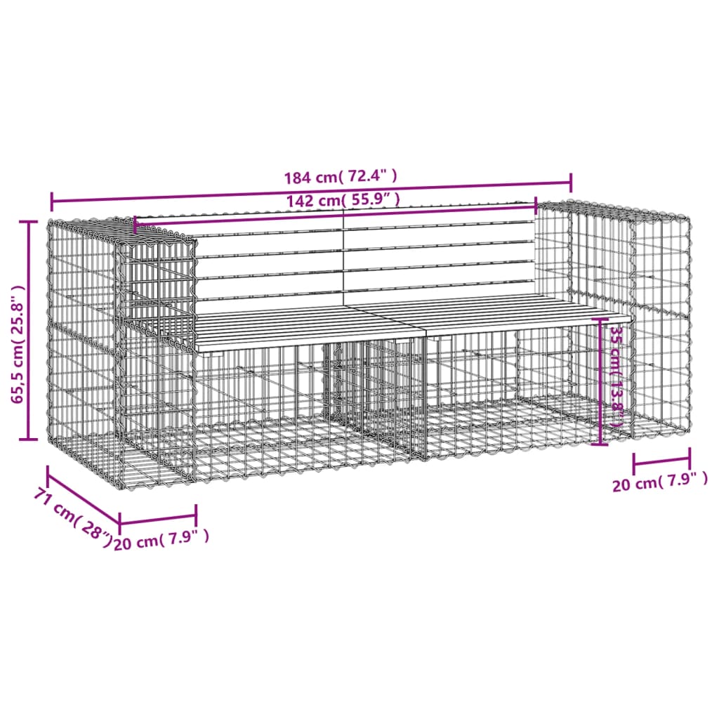 Banc de jardin design gabion 184x71x65,5 cm bois massif de pin