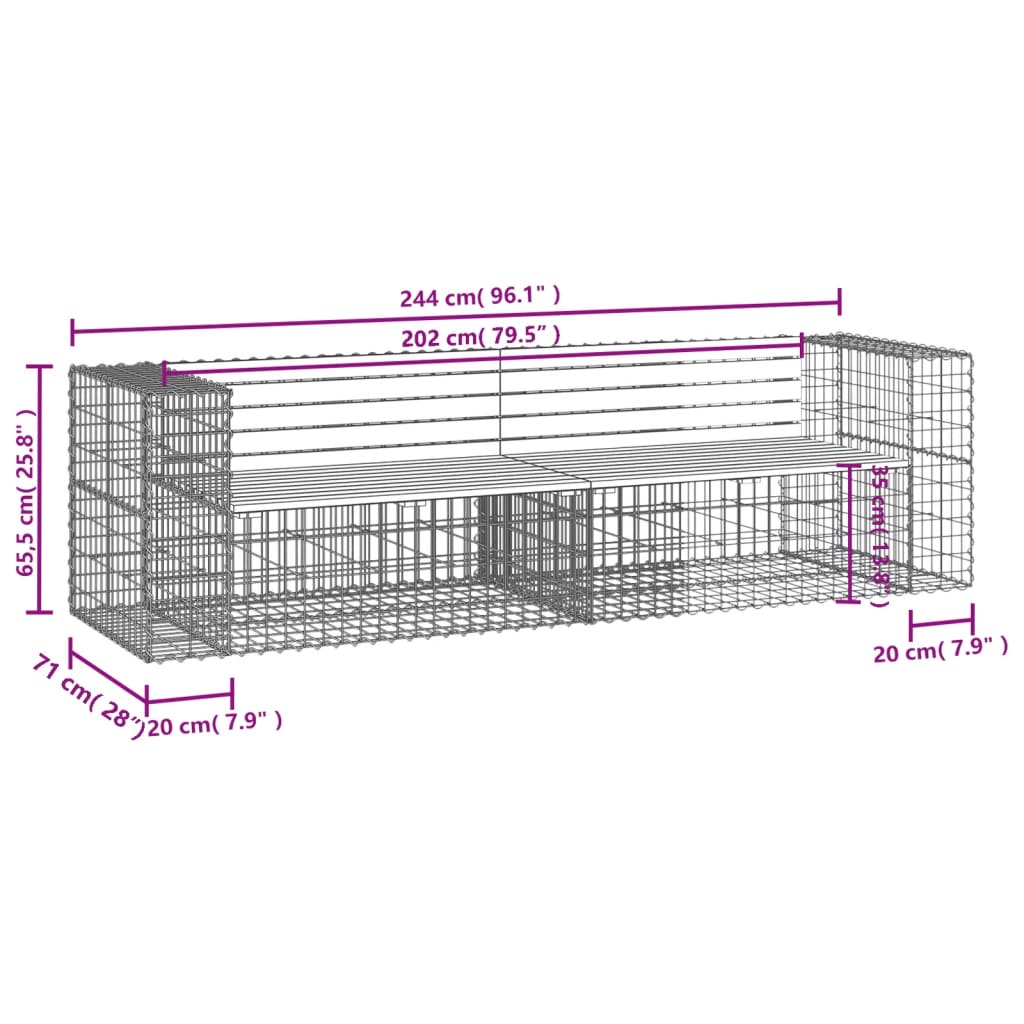 Gartenbank im Gabionen-Design, 244 x 71 x 65,5 cm, massives Kiefernholz