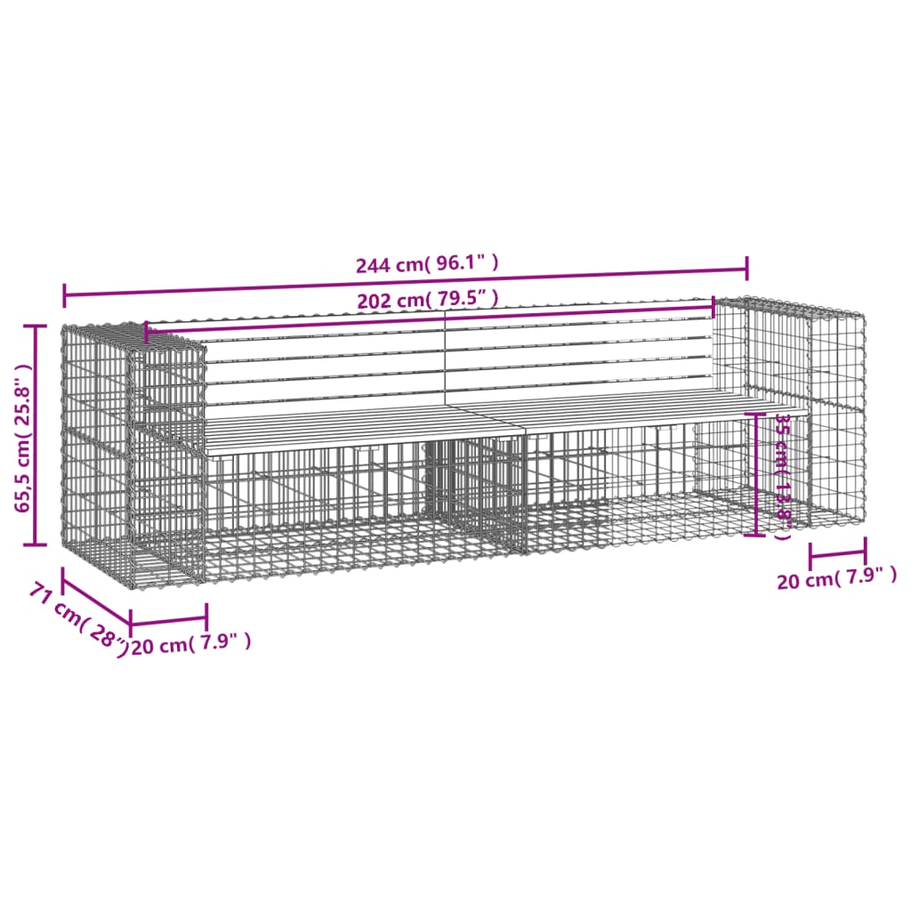 Gartenbank im Gabionen-Design, 244 x 71 x 65,5 cm, massives Douglasienholz