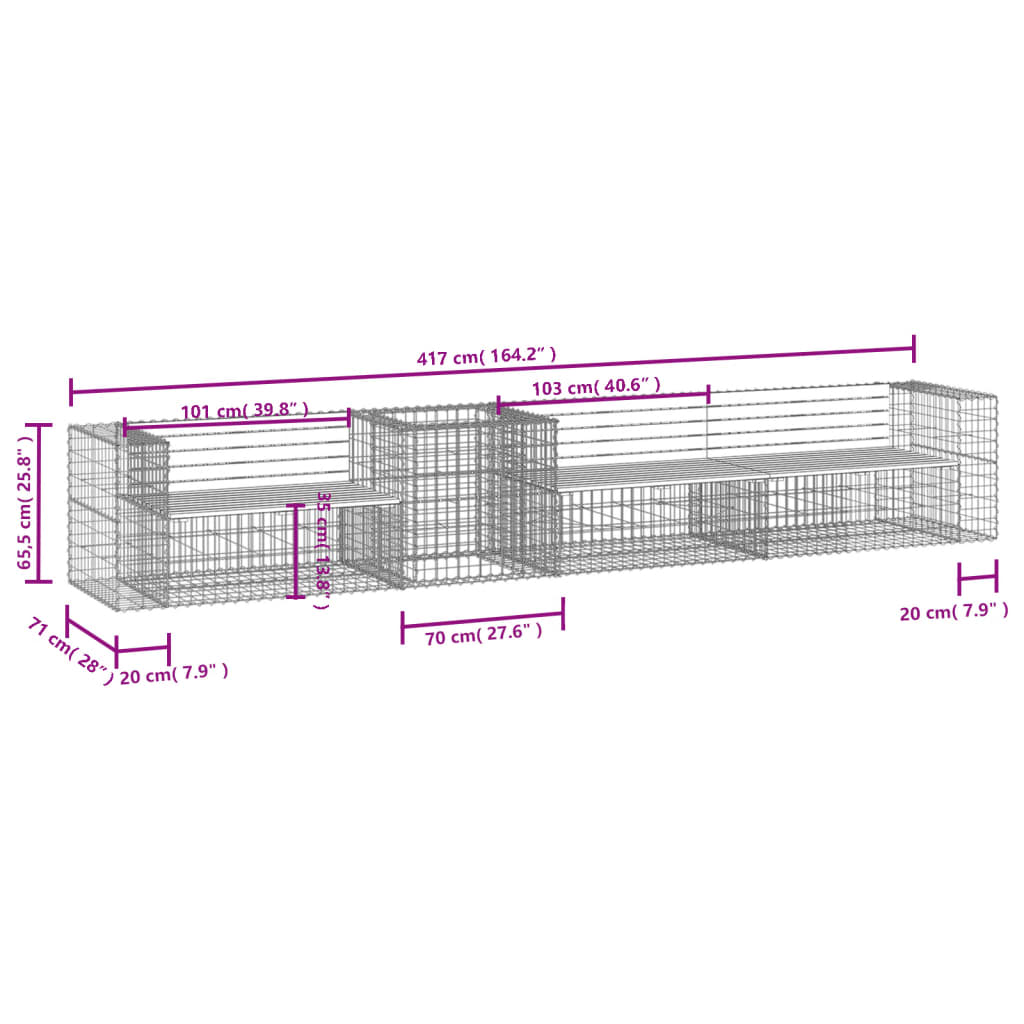 Banc de jardin avec panier en gabion bois massif de pin