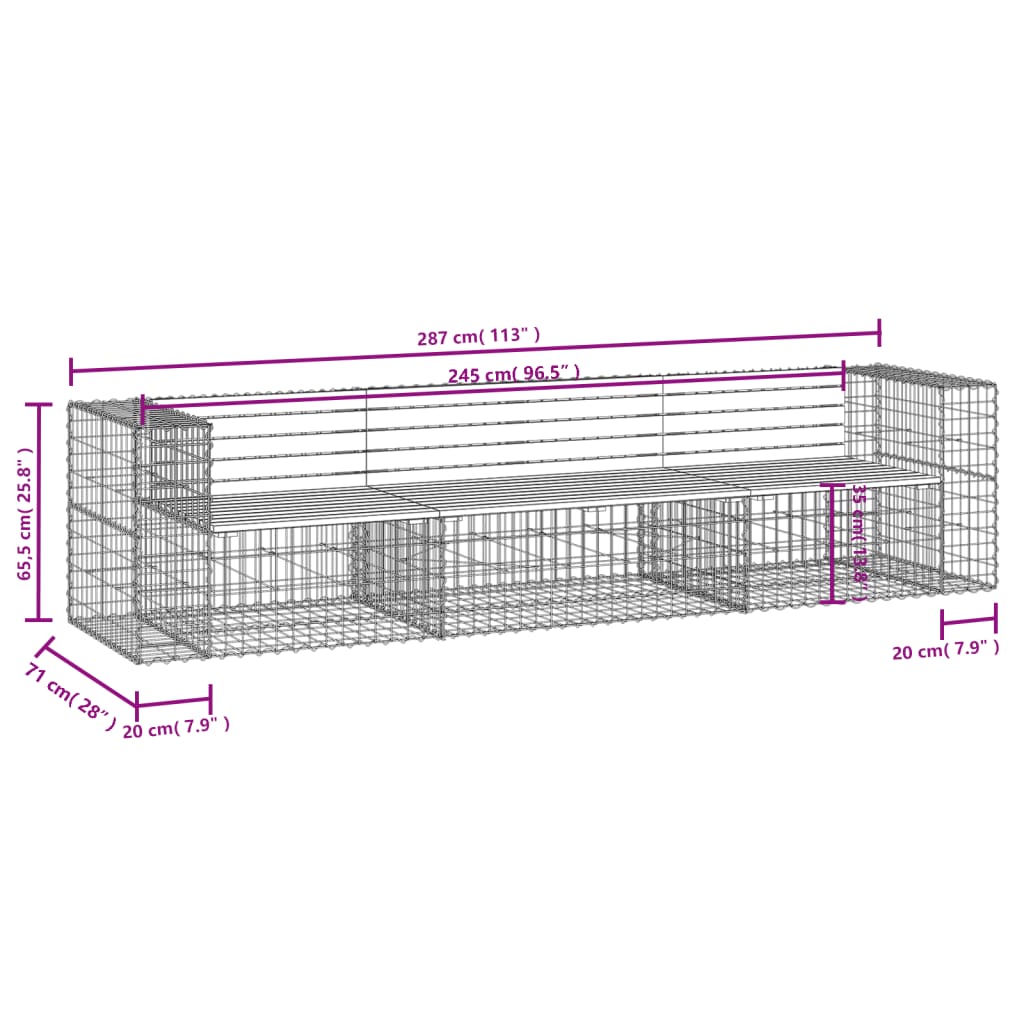 Banc de jardin design gabion 287x71x65,5 cm bois massif de pin