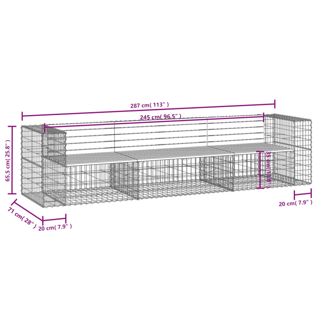 Banc jardin design gabion 287x71x65,5 cm bois massif de douglas