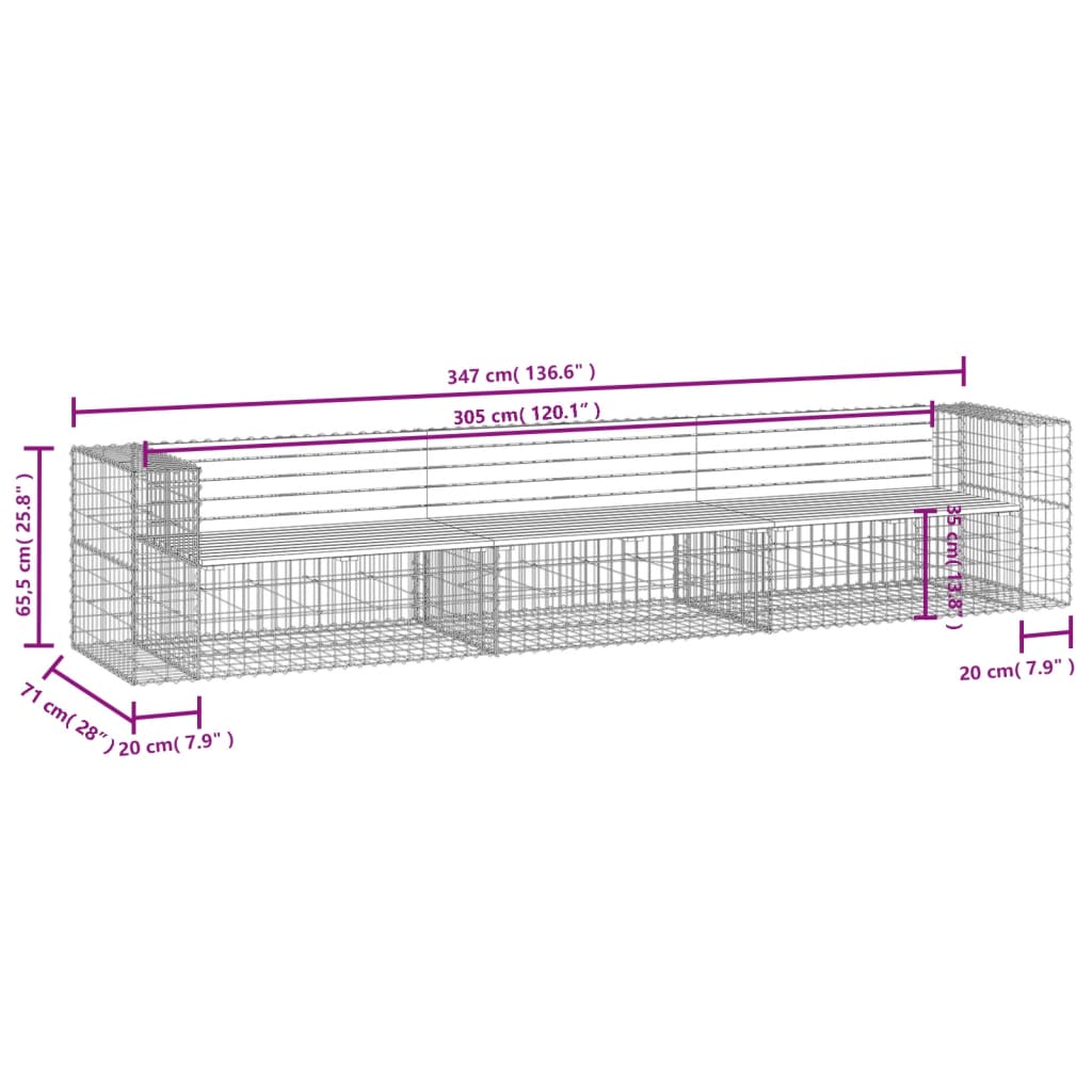 Banc de jardin design gabion 347x71x65,5 cm bois massif de pin