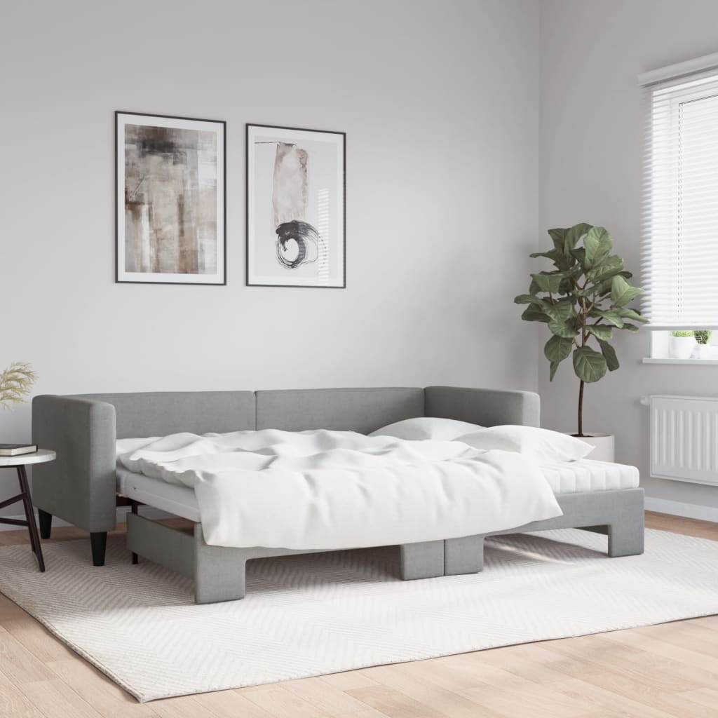 Lit de jour avec gigogne et matelas gris clair 80x200 cm tissu