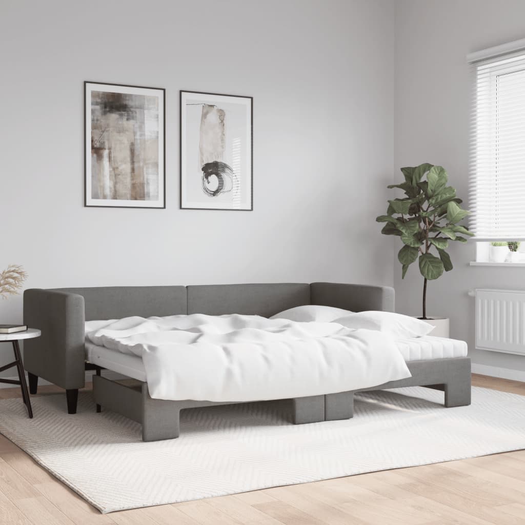 Lit de jour avec gigogne et matelas gris foncé 80x200 cm tissu