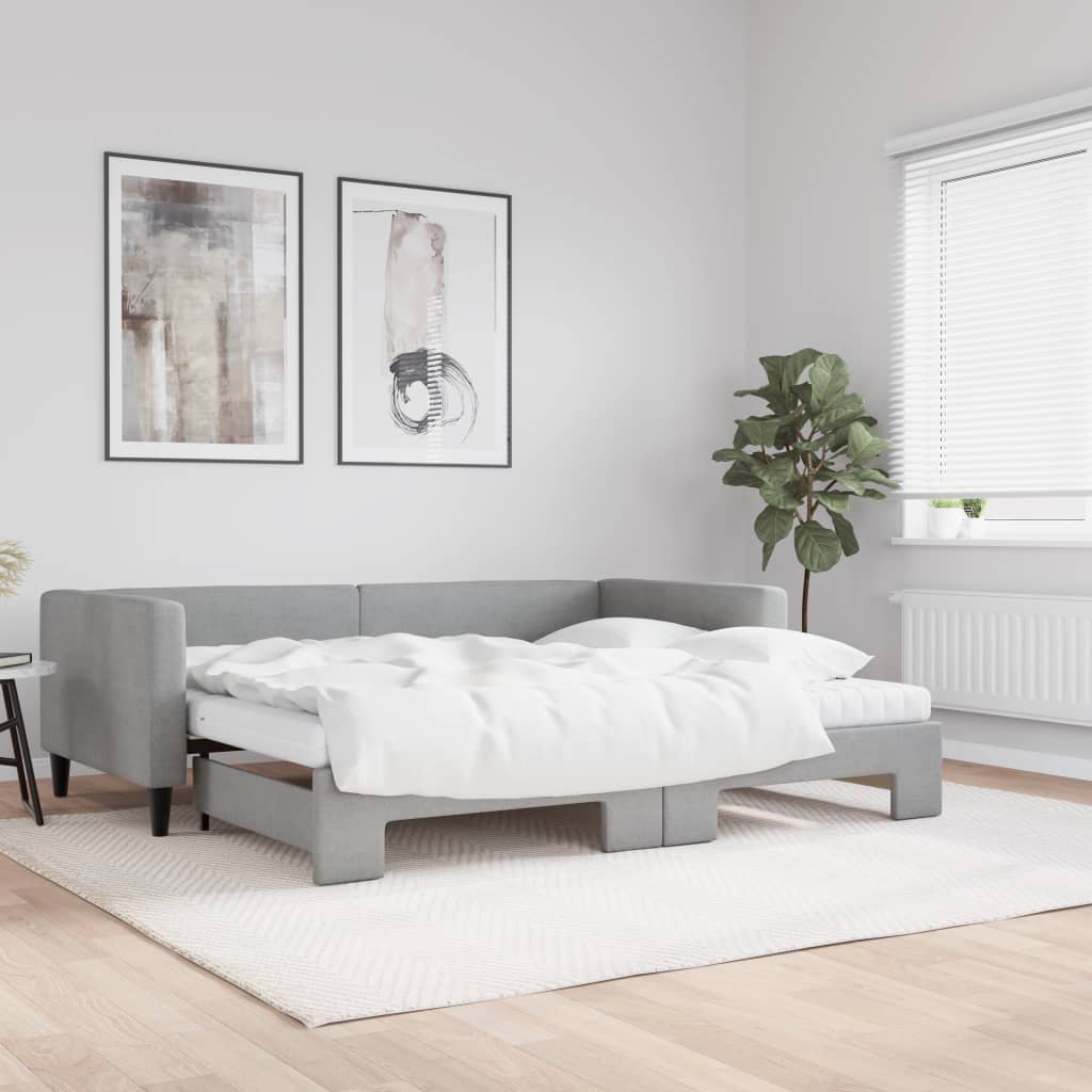 Lit de jour avec gigogne et matelas gris clair 90x200 cm tissu