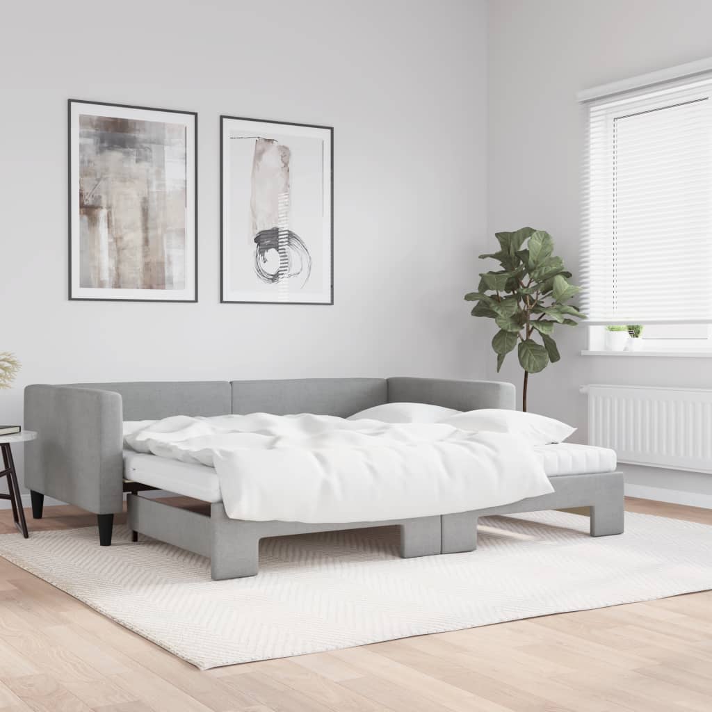 Lit de jour avec gigogne et matelas gris clair 100x200 cm tissu