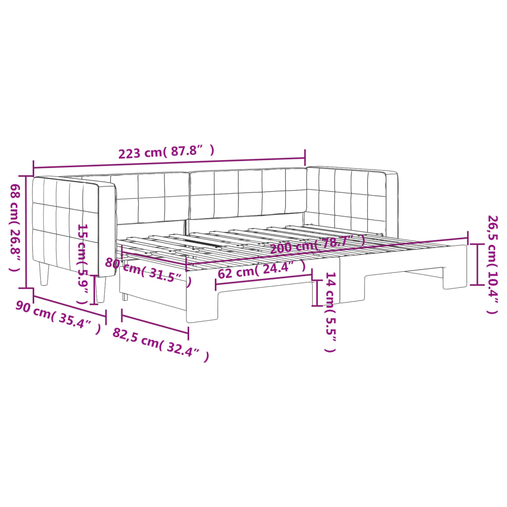 Lit de jour avec gigogne sans matelas rose 80x200 cm