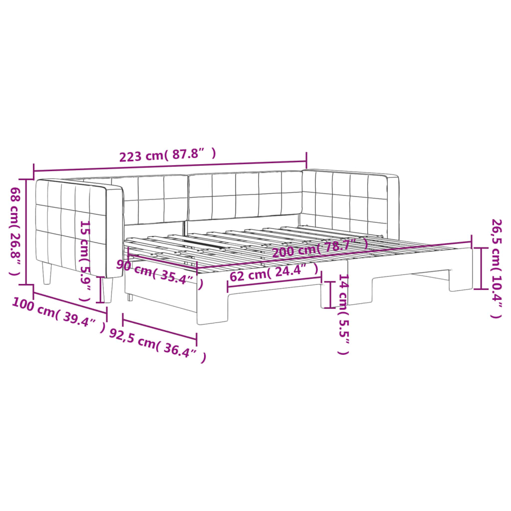 Lit de jour avec gigogne sans matelas gris clair 90x200 cm