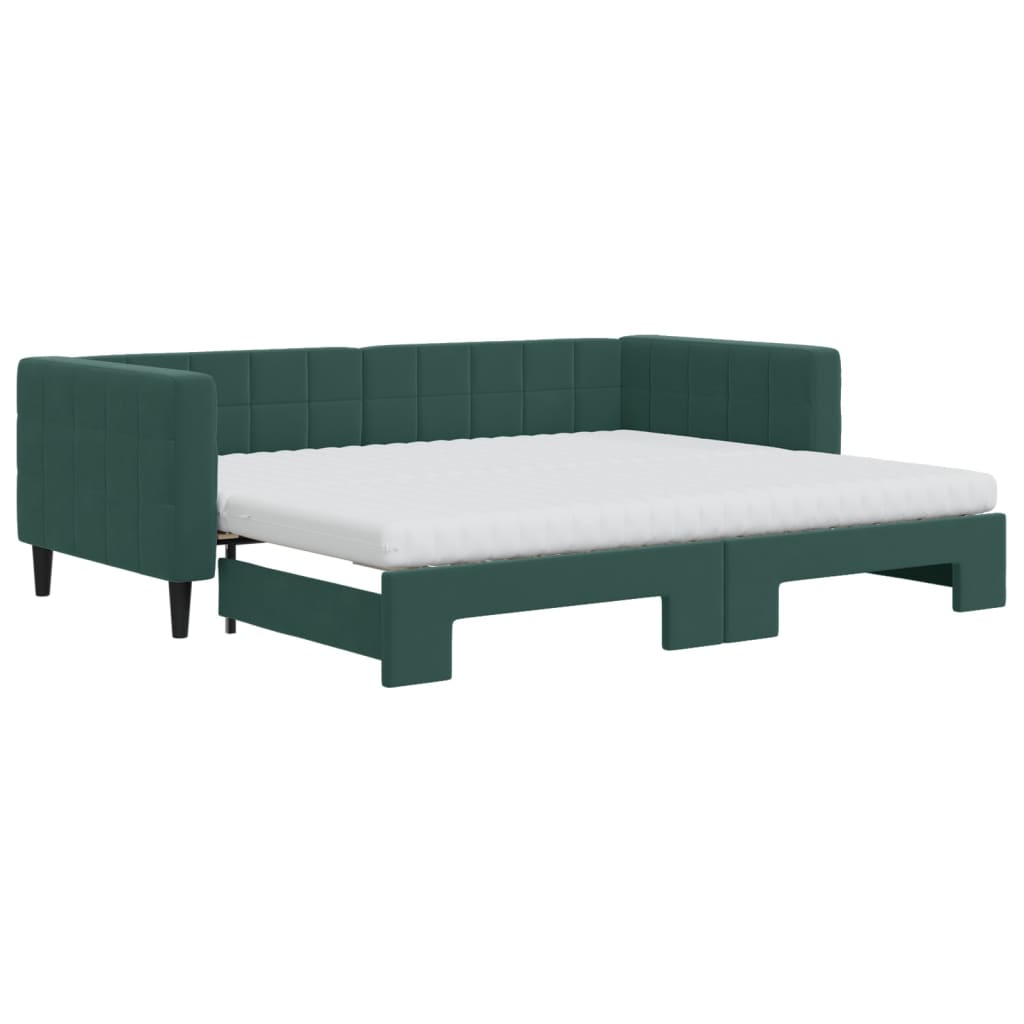 Lit de jour avec gigogne et matelas vert foncé 90x200cm velours