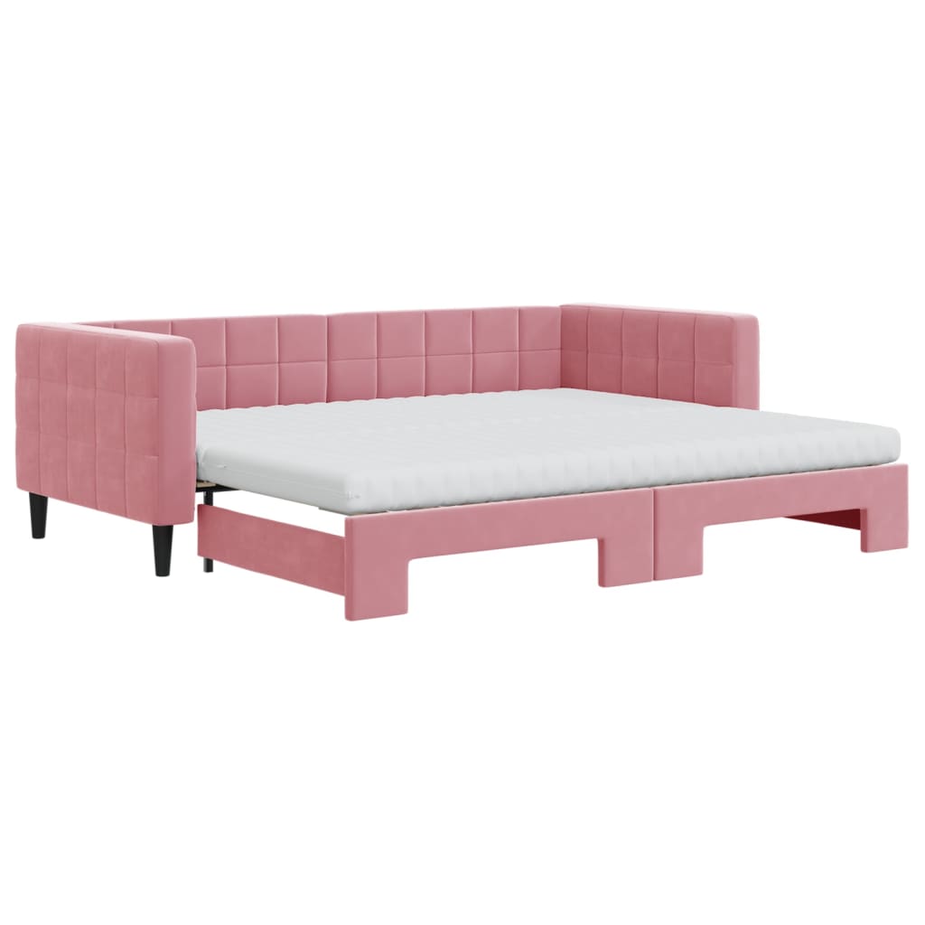 Lit de jour avec gigogne et matelas rose 90x200 cm velours