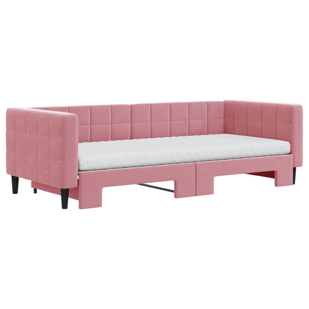 Lit de jour avec gigogne et matelas rose 90x200 cm velours