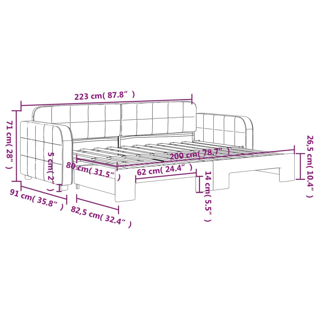 Lit de jour avec gigogne sans matelas rose 80x200 cm