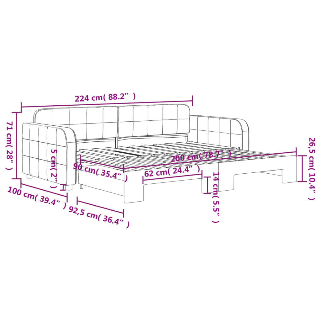 Lit de jour avec gigogne sans matelas rose 90x200 cm