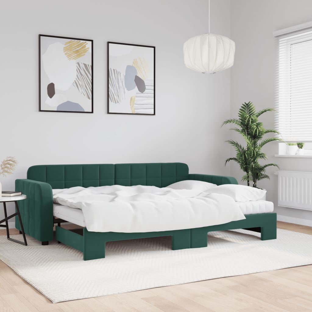 Lit de jour avec gigogne et matelas vert foncé 80x200cm velours