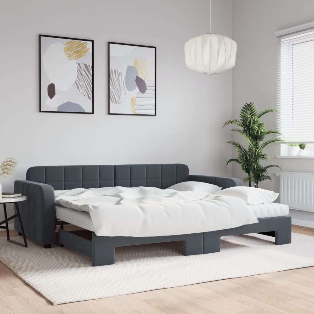 Lit de jour avec gigogne et matelas gris foncé 90x200cm velours