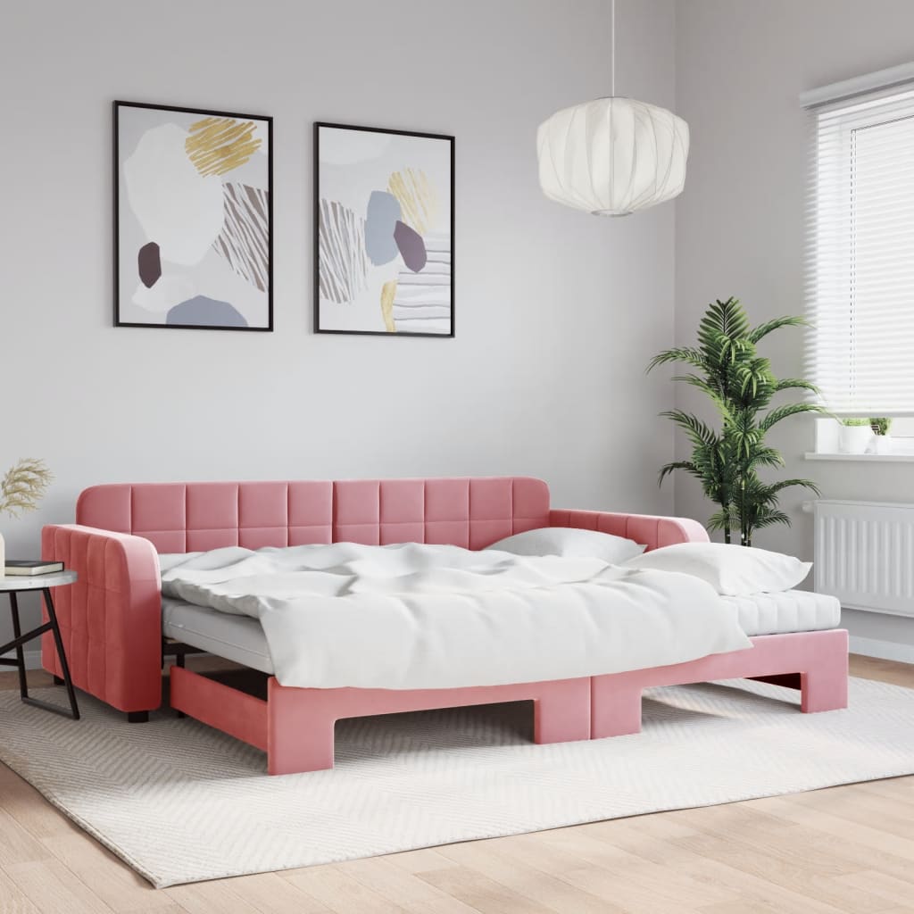 Lit de jour avec gigogne et matelas rose 90x200 cm velours