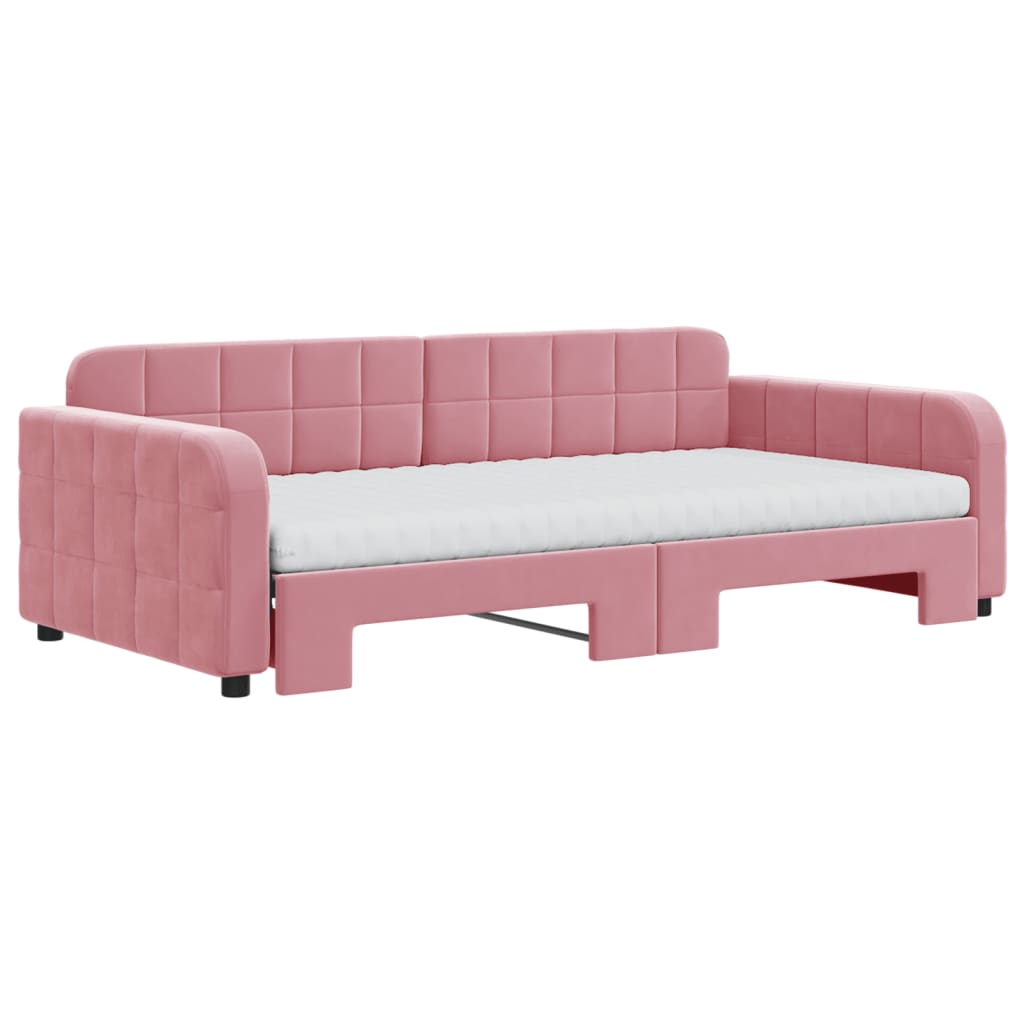 Lit de jour avec lit gigogne et matelas rose 100x200 cm velours