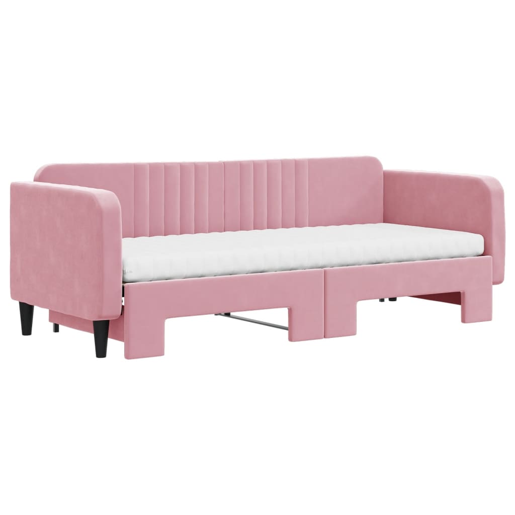 Lit de jour avec lit gigogne et matelas rose 80x200 cm velours