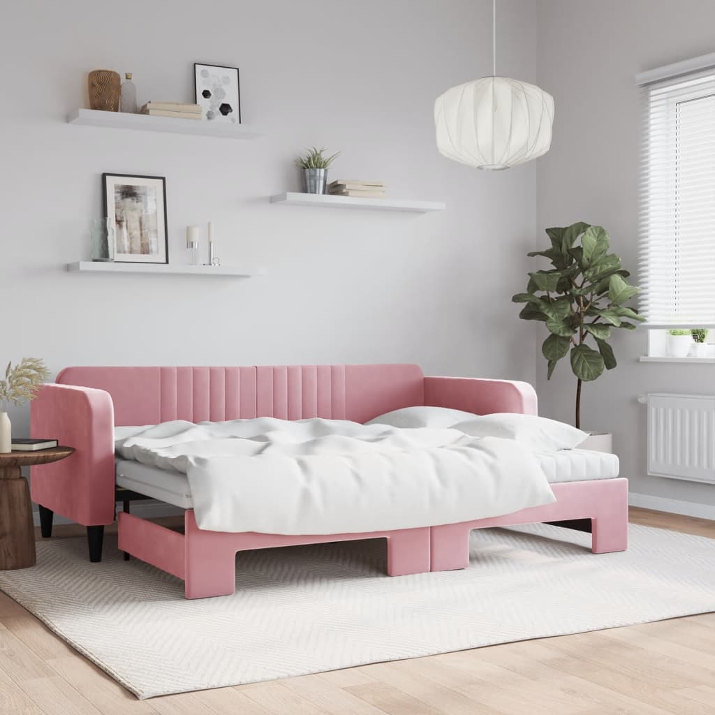 Lit de jour avec lit gigogne et matelas rose 80x200 cm velours