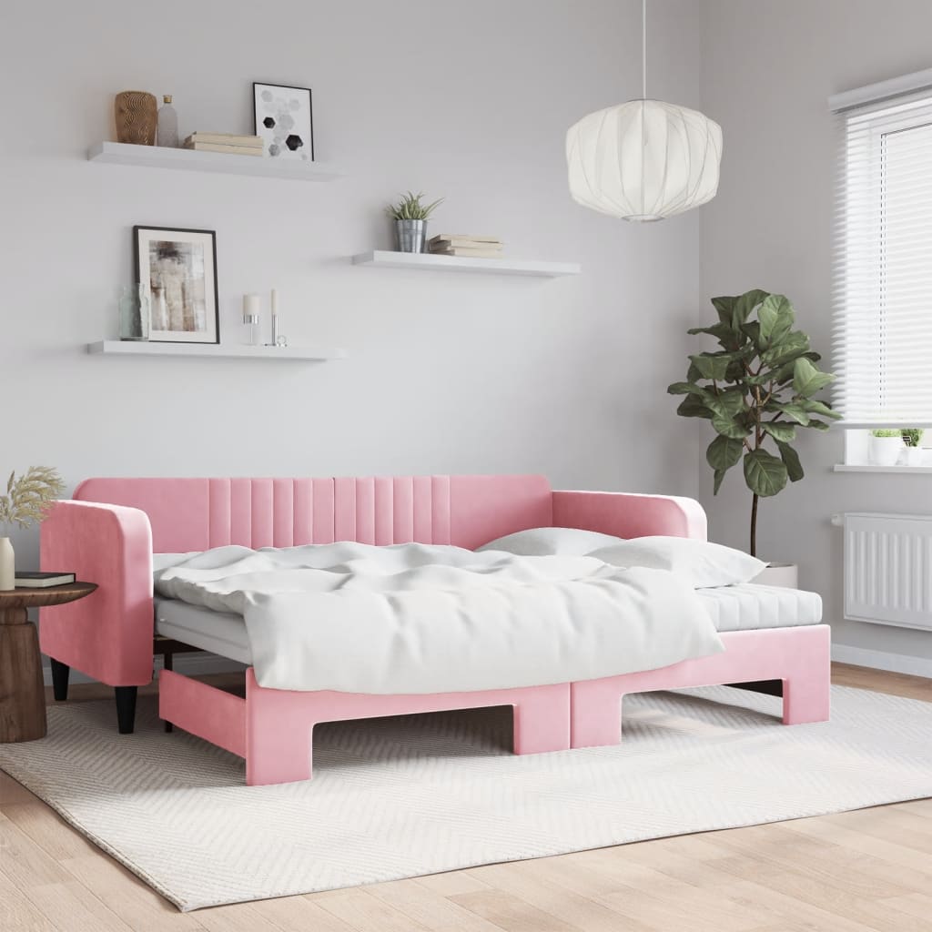 Lit de jour avec gigogne et matelas rose 90x200 cm velours