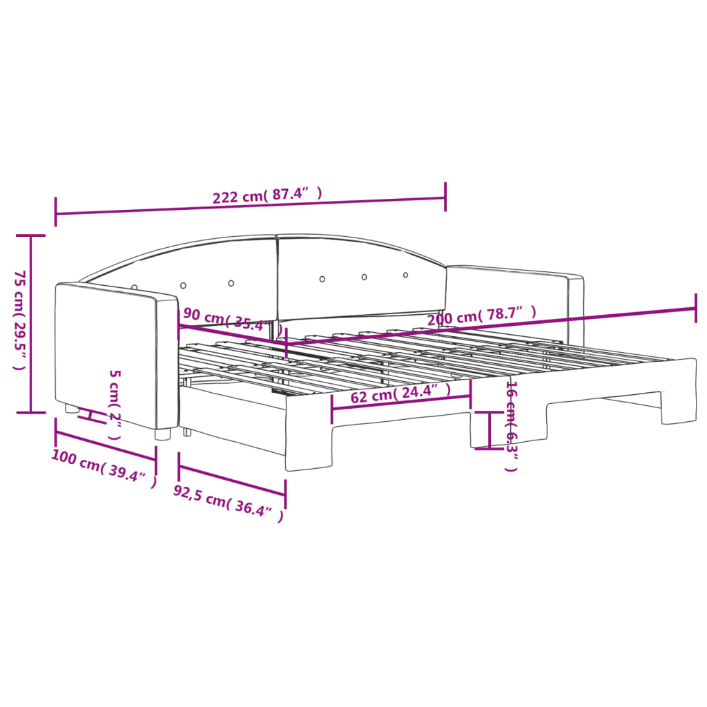 Lit de jour avec gigogne sans matelas rose 90x200 cm