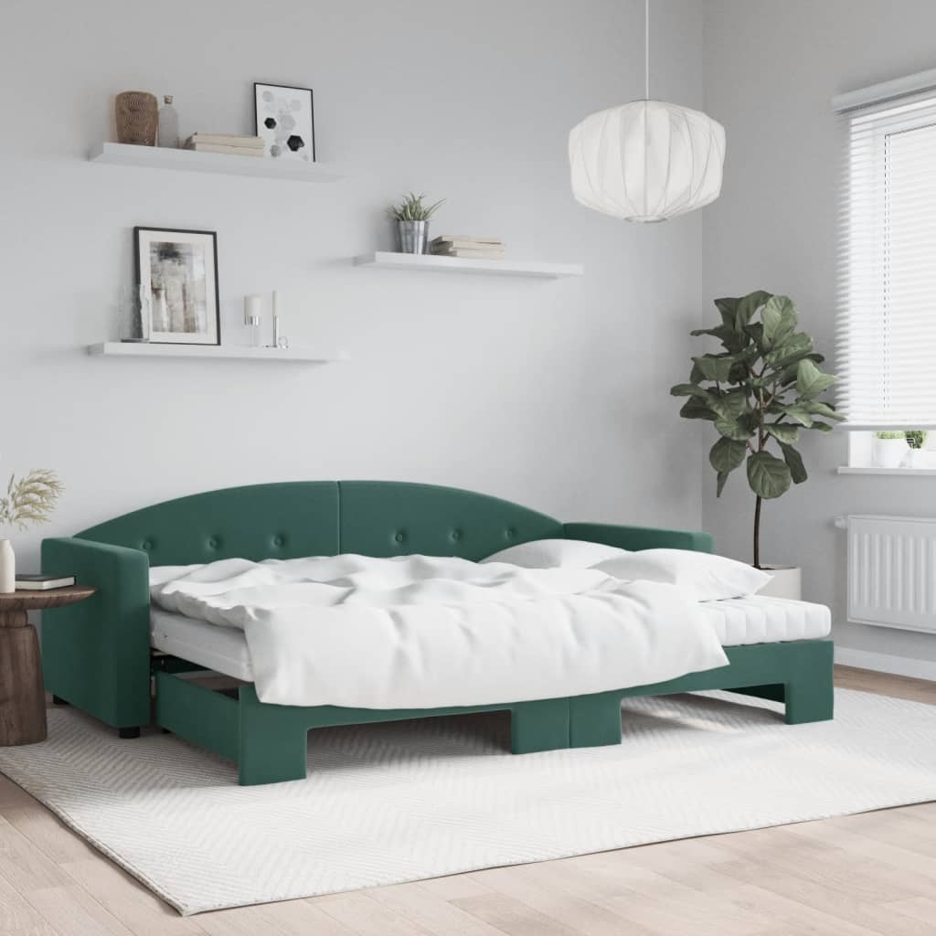 Lit de jour avec gigogne et matelas vert foncé 80x200cm velours