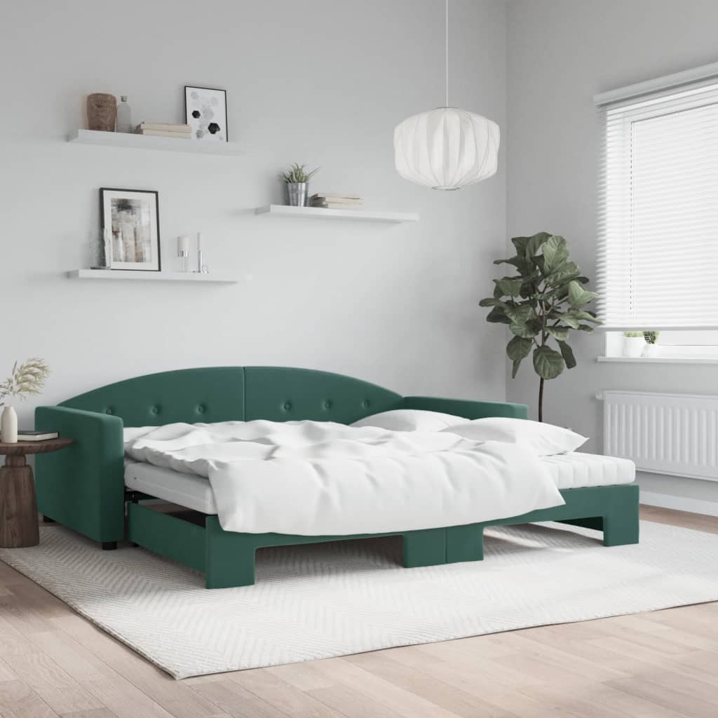 Day bed and trundle bed and dark green mattress 100x200 cm velvet