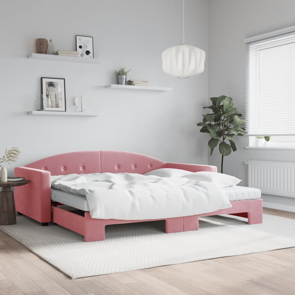 Day bed with trundle bed and pink mattress 100x200 cm velvet