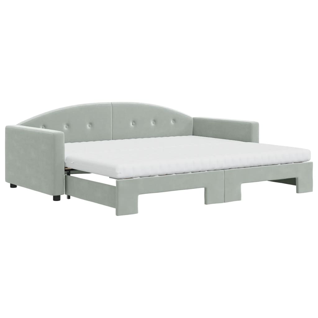 Lit de jour avec gigogne et matelas gris clair 90x190cm velours