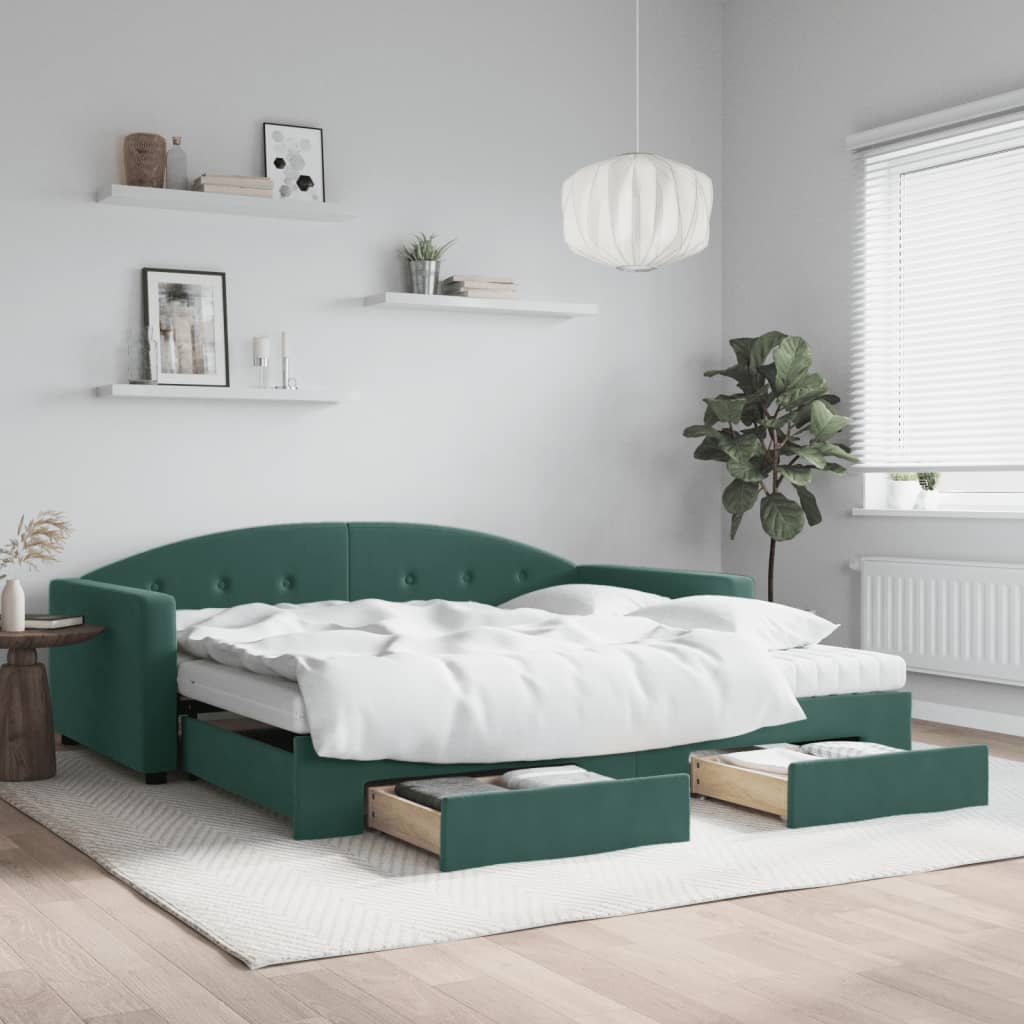 Dark green day bed and trundle bed and drawers 100x200 cm velvet