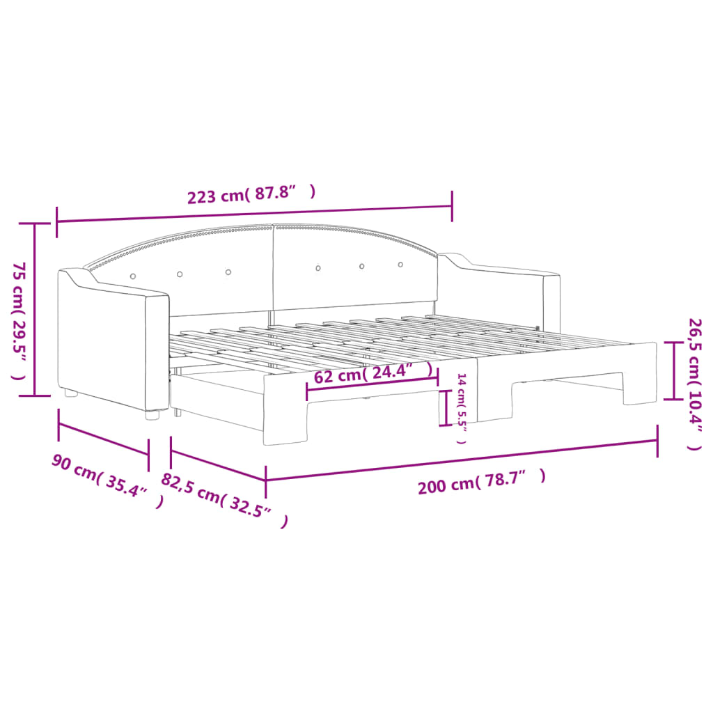 Lit de jour avec gigogne sans matelas taupe 80x200 cm